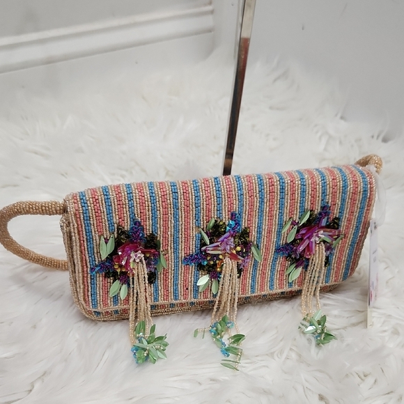 🔹️Made In india🔹️ Viral Floral Colorful Striped Beaded Fringe Shoulder Bag - Picture 7 of 10